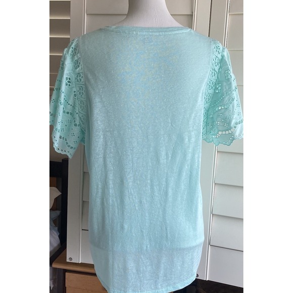 CHICO'S Teal Blue Flutter Eyelet Sleeve 100% Linen Knit Top Tee Shirt‎ Large  2 - Picture 4 of 11